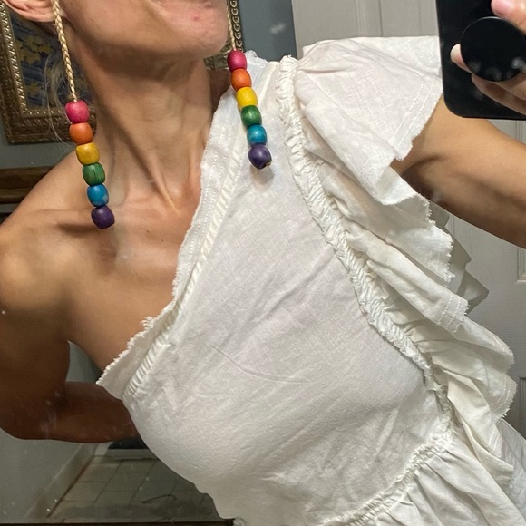 IRO NWT France white linen one shoulder ruffle shirt top peplum asymmetric 38 M - Picture 2 of 11